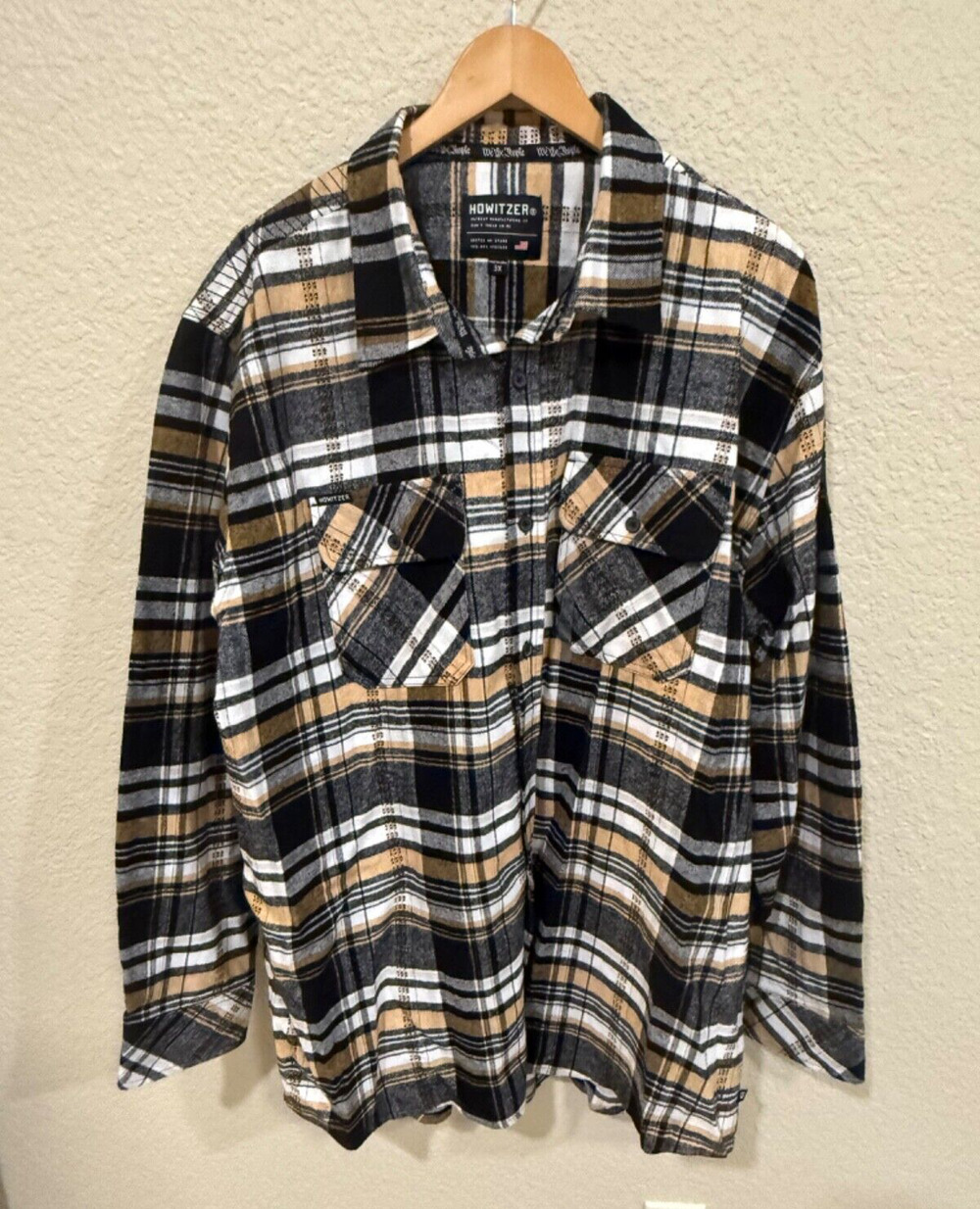 Howitzer Patriot Flannel Shirt Men's 3X Black Brown White Plaid Quilted Shacket